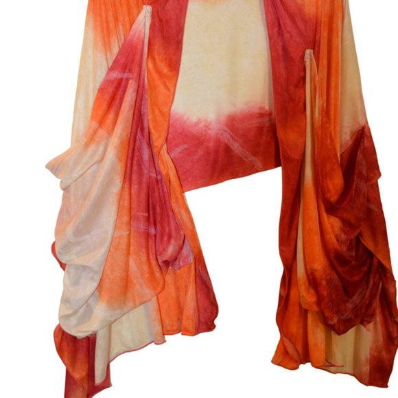 Shawl Scarf with Pouches Orange-Red-Yellow Wide White Prints Silky Wrap 70'x25' - Picture 2 of 13